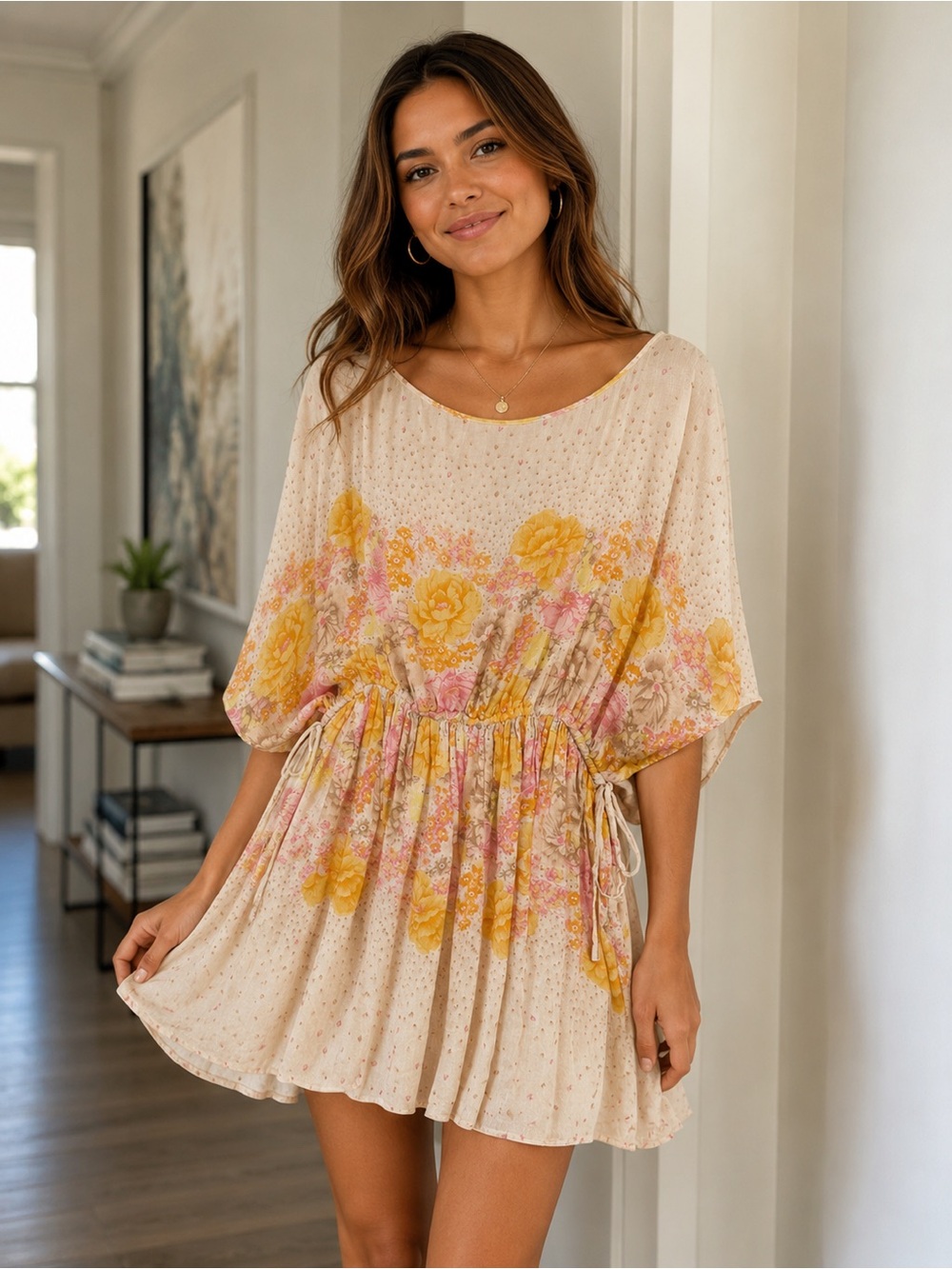Free People Floral Boho Mini Dress M Drawstring Dolman Sleeve